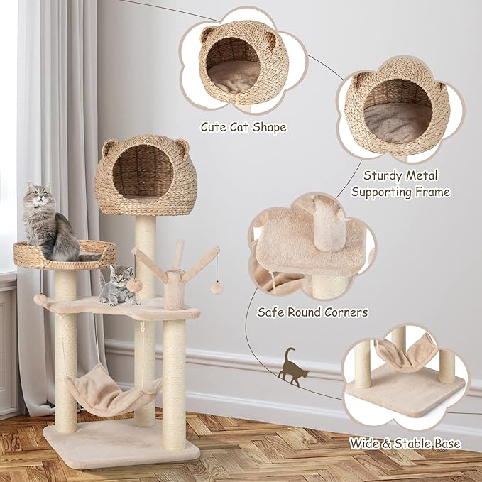 Giantex Wooden Cat Tree, 48 inches Cat Tower with Cattail Condo, Cat Bed, Hammock, Rotatable Jingling Balls, Natural Sisal Scratching Posts, Removable Cushion, Multi-Level Kitten Activity Center
