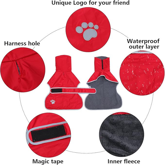 Geyecete Dog Winter Coat Greyhound Raincoat Fabric with Lamb Velvet Inside Outdoor Dog Apparel with Adjustable Bands for Medium, Large Dog-Red-XXL