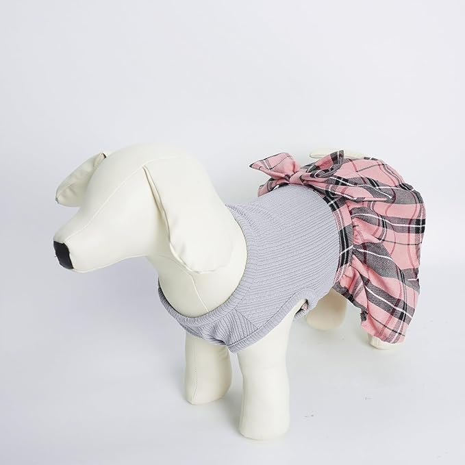 PUPTECK Classic Plaid Dog Dress Pet Apparel with Cute Bowtie Puppy Clothes Outfit,Grey,S
