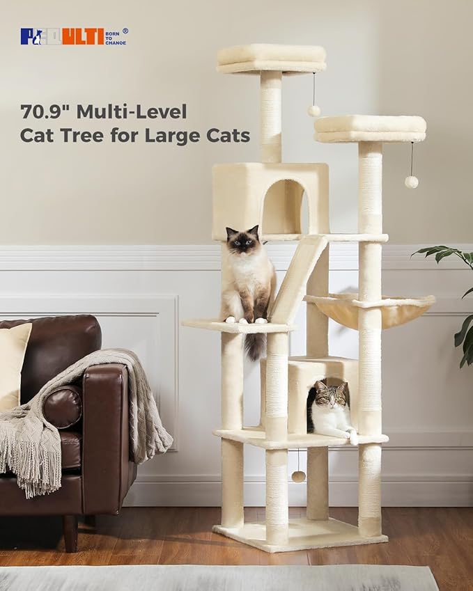 PEQULTI 71'' Cat Tree for Indoor Cats with Big Hammock, Tall Cat Tower for Large Cats with 2 Cat Condo, 2 Soft Top Perch, Scratching Posts and Pad, Beige