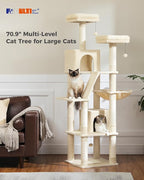 PEQULTI 71'' Cat Tree for Indoor Cats with Big Hammock, Tall Cat Tower for Large Cats with 2 Cat Condo, 2 Soft Top Perch, Scratching Posts and Pad, Beige