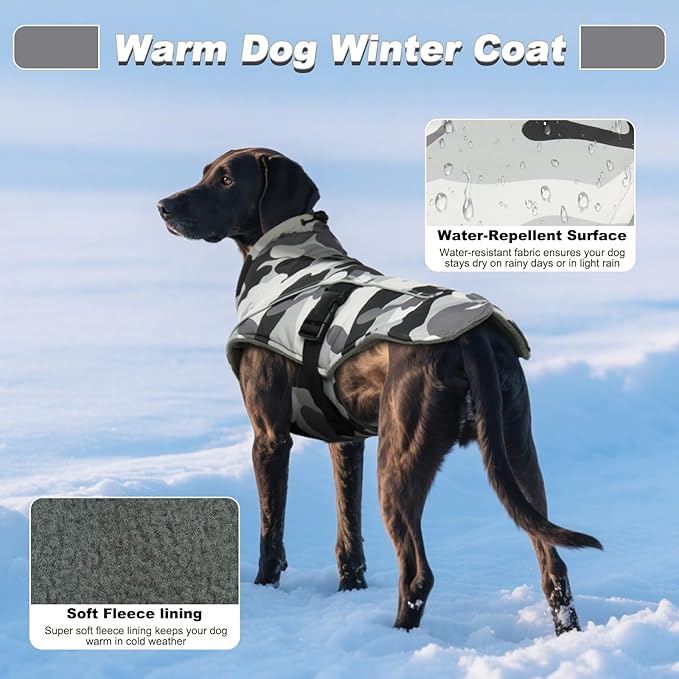 DENTRUN Large Dog Coat - Thick Fleece Lined Reflective Winter Jacket, Snap Closure & Leash Hole, Warm Thick Fleece Lined, Plush Turtleneck Vest for German Shepherd, White Camo, XXL