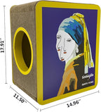 Cat Scratcher Cardboard, Girl with a Pearl Earring Shape Adaptation Spoof Version Cat Scratching House Bed Furniture Protector, Pink