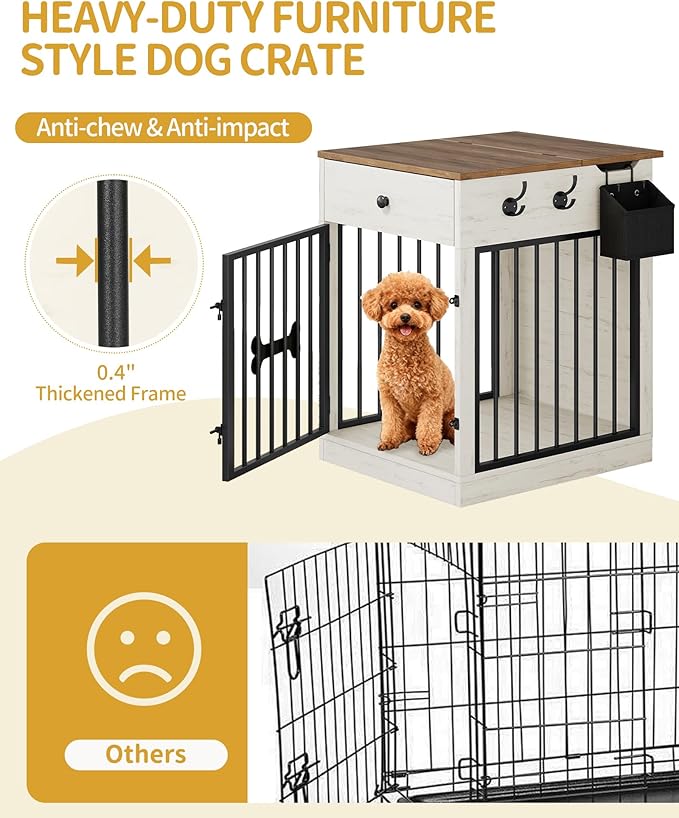 24.6'' Dog Crate Furniture with Charging Station, Dog Kennel Indoor with Flip-Top Storage, Wooden Pet Cage Dog House End Side Table for Small Dogs Anti-Chew Anti-Escape, White Brown DFC90114B
