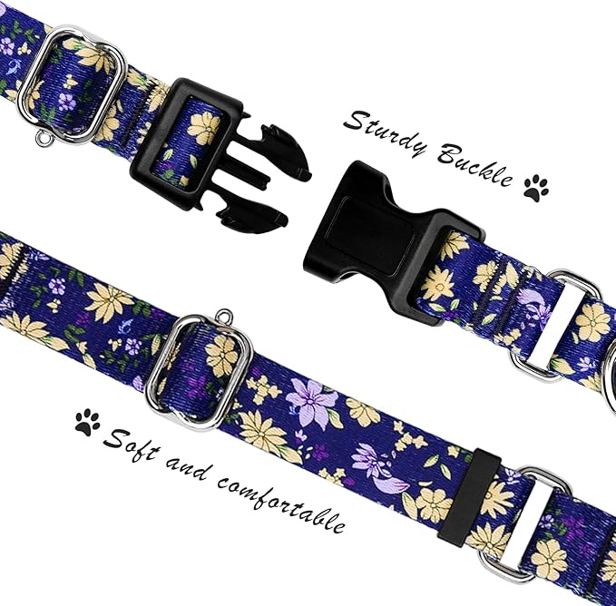 Hikiko Martingale Collar for Dogs Cute Floral Dog Collar for Small Medium Large Dogs Anti Pull Quick Release Buckle Dog Collars (Floating Flowers,Large)