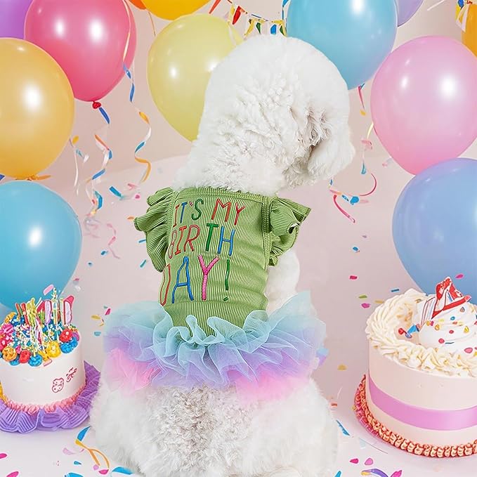 Dog Birthday Dress It's My Birthday Dog Dress Small Doggy Girl's Tutu Dresses Ruffle Sleeless Puppy Clothes Tulle Lace Skirt Pet Costume Cat Outfits (Green, L(18-25lb))