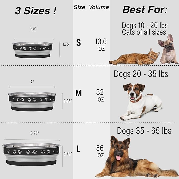 Loving Pets Corsa Dog Bowls- Stainless Steel Dog & Cat Bowls - Spill Proof Dog Food Bowl, Cat Bowl, Puppy Essentials & Pet Supplies Great for Home & Travel (Large 35-65 lbs, Stealth Black)