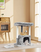 SYANDLVY 27IN Cat Tree for Indoor Cats Large Adult, Modern Activity Tower with Scratching Posts, Condo with Plush Perch, Climbing Stand with Spring Ball for Play, Grey
