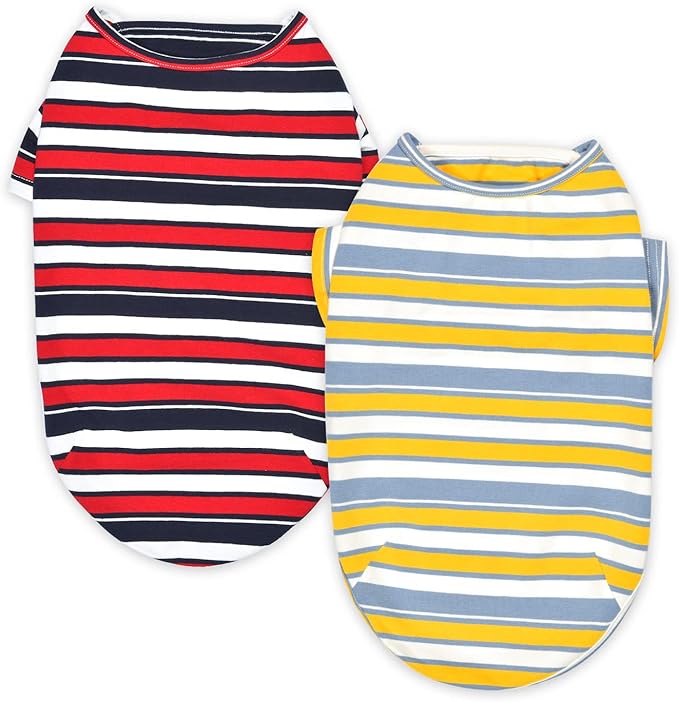 Dog Shirts Cotton Striped T-Shirt, Summer Pet Clothes for Small Dogs, 2-Pack Soft Puppy Apparel Cat Tee, Breathable Stretchy, Red Yellow XS