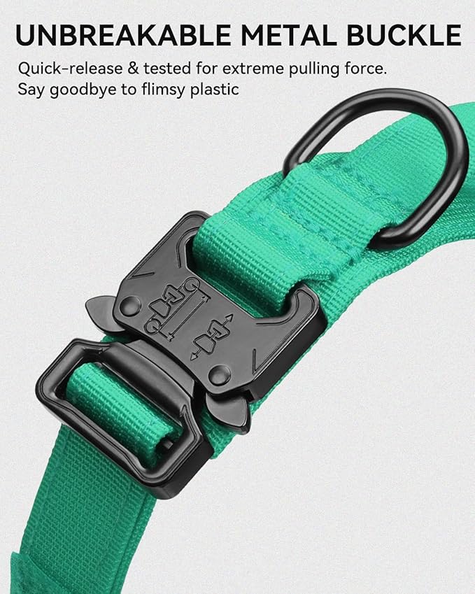 Joytale Tactical Dog Collar with Handle and Metal Buckle, Heavy Duty Padded Military Collar with 2 Patches for Training, Adjustable for Large Dogs, Teal, L