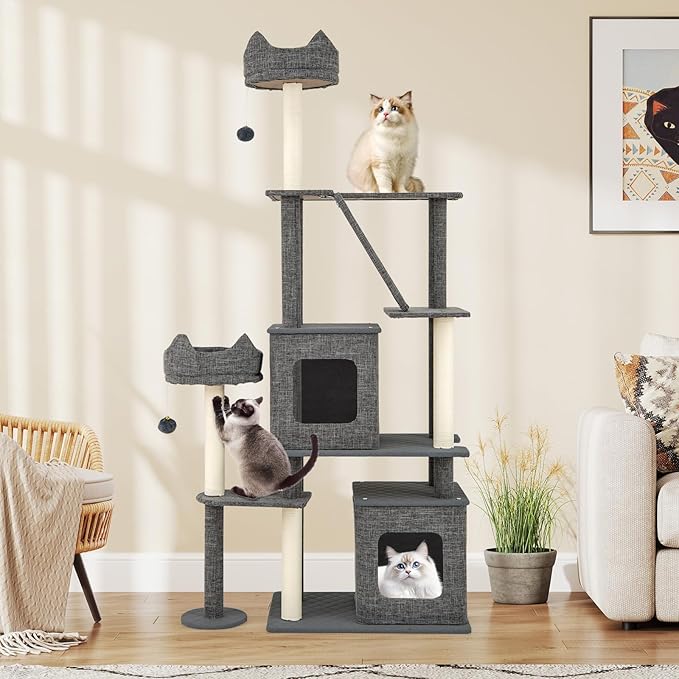 Tangkula 71 Inch Tall Cat Tree, Multi-Level Large Cat Tower with Scratching Posts & Sisal Board & Ladder, 2 Removable Condos, Perch, Bed, Dangling Balls, Modern Linen Fabric Cat Tree for Indoor Cat