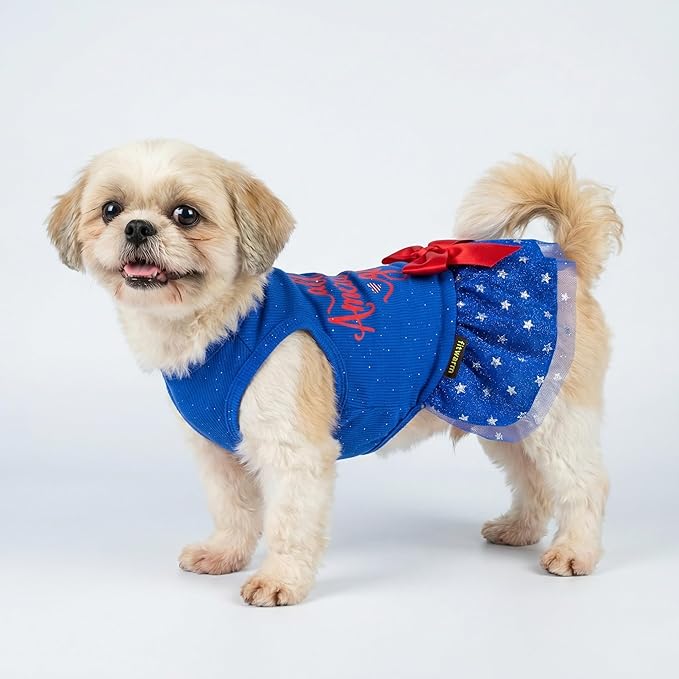 Fitwarm All American Girl Dog Dress - Patriotic Tulle Dress for Small Dogs, Royal Blue, Red, White, XXS