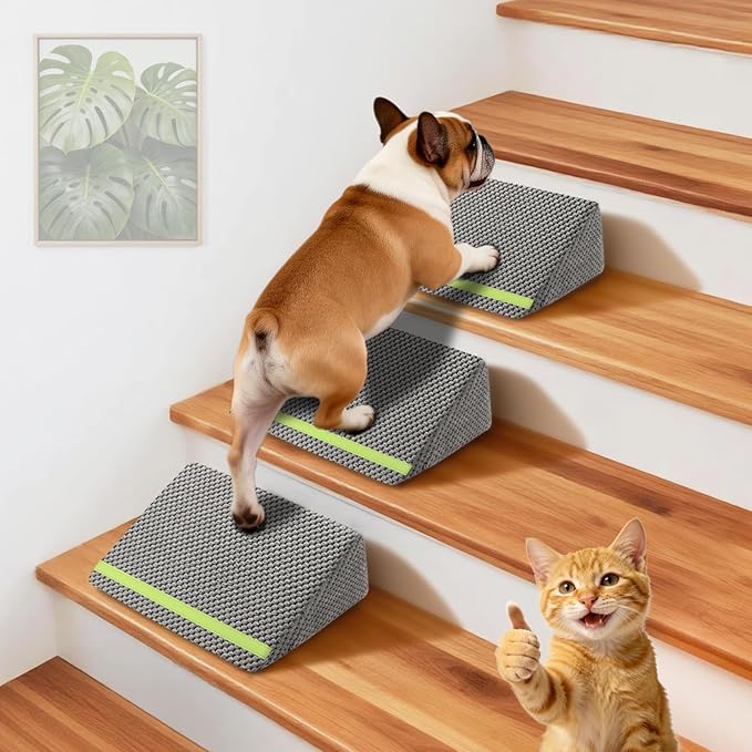 JoyBlooms Dog Ramp for Stairs for Small & Senior Dogs Cats, 40D Density Foam Gentle Slope Non-Slip Dog Stair Ramp with Glow Strip, Pet Ramp with Removable Washable Cover Gray-3pcs