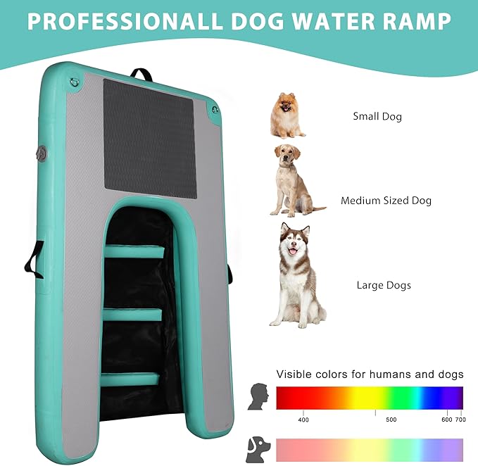 Inflatable Dog Water Ramp, High Stability Floating Ladder, Inflatable Non-Slip Steps, Mint Green Raft- Portable and Durable for Pools, Lakes, Docks and Boats（Up to 230lbs）
