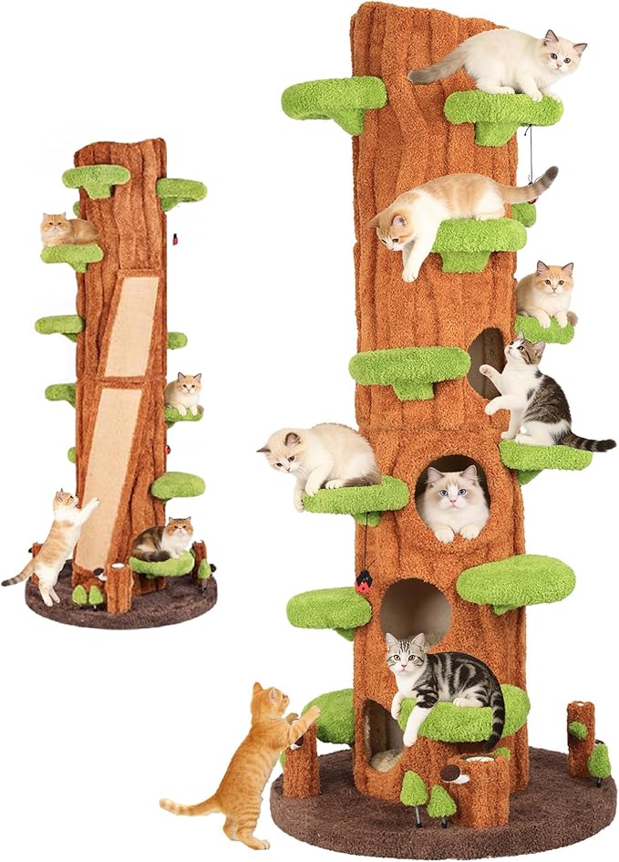 NUNU LAB Large Cat Tree for Indoor Cats – Multi-Level Solid Wood cat Tree Tower with Sisal Scratching Posts, Jumping Platforms, Plush Perches & Spring Toys for Multi-Cat Homes