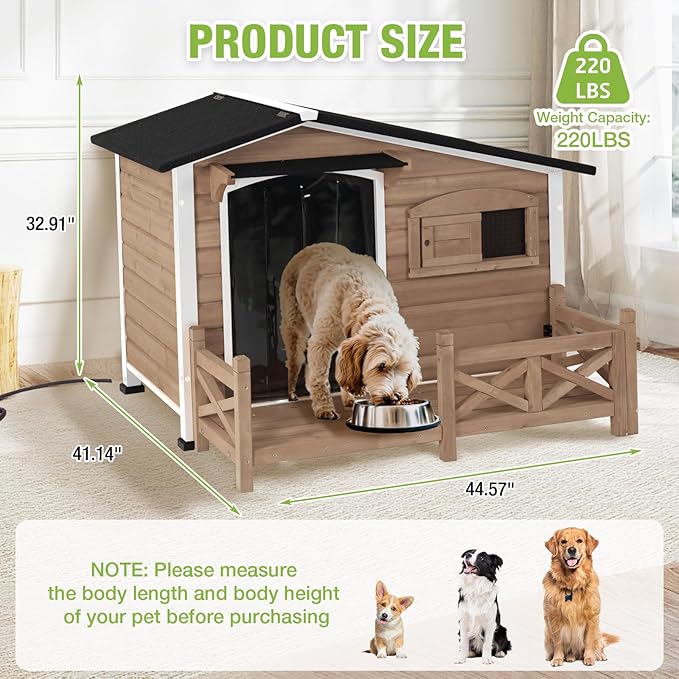 Heated Dog House Outdoor Insulated Weatherproof Dog Kennel with Anti-bite Iron Frame, Heating Pad and Insulated Liner, Dog Shelter with Porch and Sliding Window for Small to Large Breeds (Light Brown)