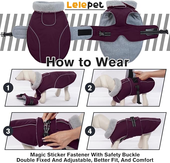 Lelepet Warm Dog Coat Waterproof Dog Jacket for Large Dogs Reflective Fleece Vest with Adjustable Buckle Hook & Loop Windproof Cold Weather Coats for Small Medium Large Dogs, Dark Purple, XXL