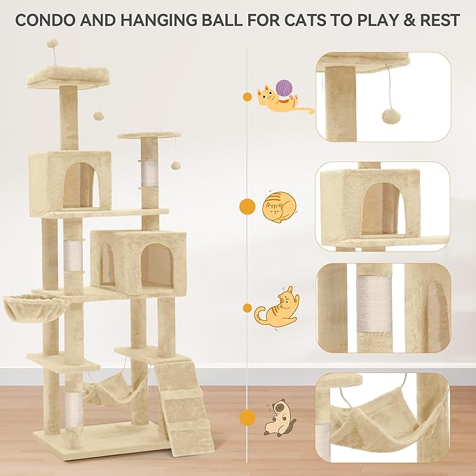 YITAHOME 190.5 cm Tall Heavy Duty Cat Trees for Large Cats, 75inch Maine Coon Tower Indoor with Scratching Post, Hammock, Cat Condo for Adult Cats,Beige