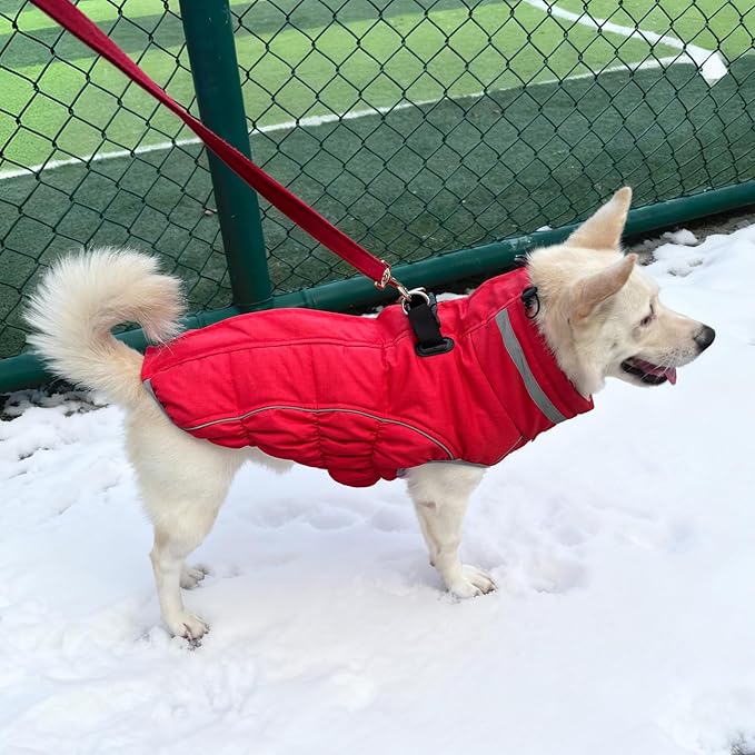 Malier Dog Coat, Reflective Dog Jacket Waterproof Windproof Puppy Cold Weather Coats with Harness Built in, Winter Extra Warm Pet Coat Fleece Vest for Small Large Pets and Puppy (Red, Large)