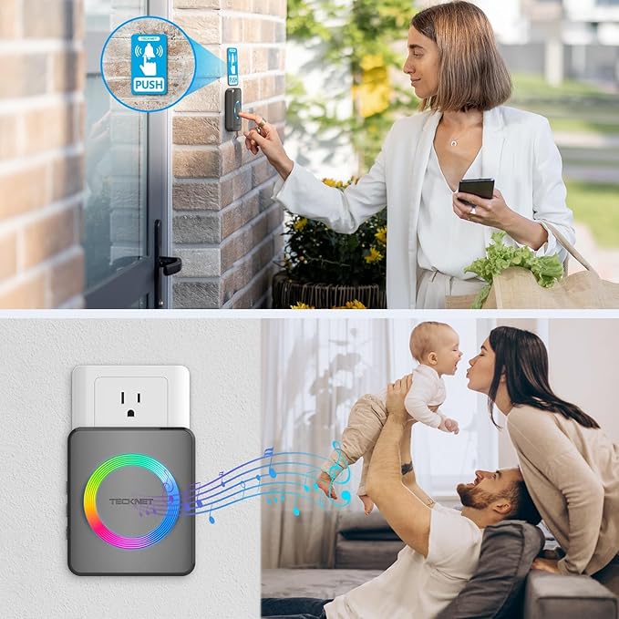 TECKNET Wireless Doorbell with 2 Buttons & 1 Receiver, IP65 Waterproof Doorbells for home, 1300ft Operating Range, 60 Melodies & 5 Volume Levels of 0-120 dB, RGB Light for Hearing Impaired