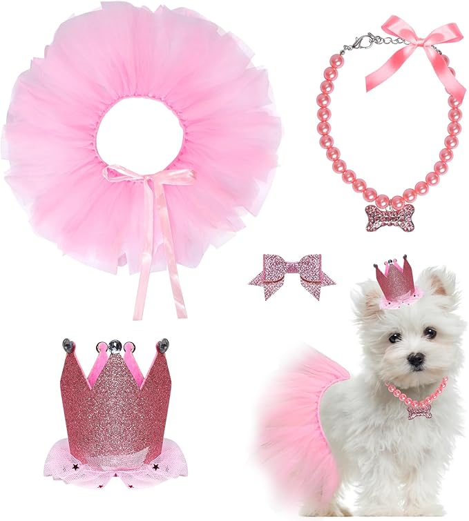 Dog Party Supplies Set - Pink Tutu Skirt, Birthday Hat, Necklace for Puppy Cat Halloween Wedding Costume
