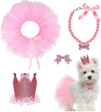 Dog Party Supplies Set - Pink Tutu Skirt, Birthday Hat, Necklace for Puppy Cat Halloween Wedding Costume