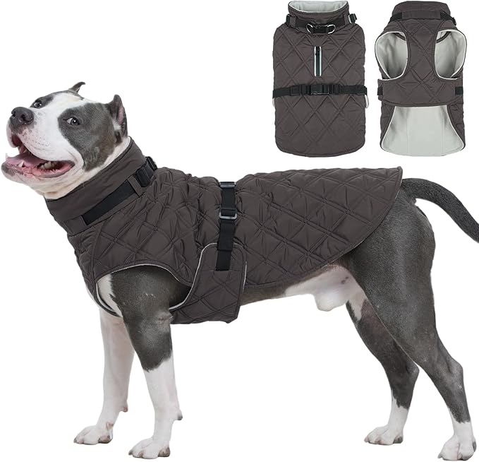Kuoser Dog Coat Warm Fleece Lining Turtleneck Dog Jacket with Harness Built-in, Adjustable Windproof Cold Weather Coats with Quick Release Buckle Pet Winter Snowsuit for Extra Large Dogs, Grey 2XL