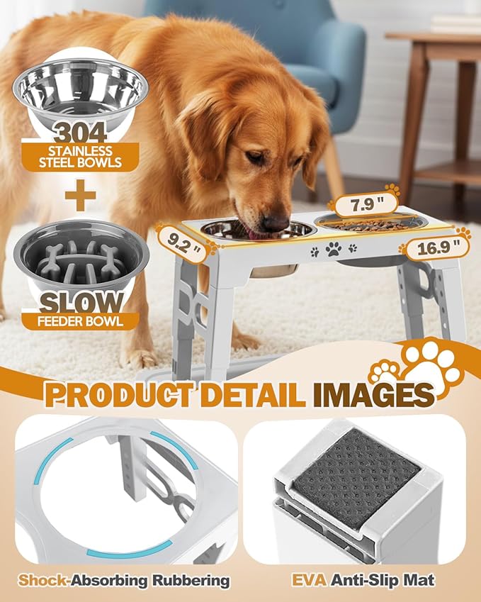 Elevated Dog Bowls for Medium Size Dogs with Mat, Non-Slip Dog Feeder with 1*Stainless Steel Dishes & 1*Slow Feeder Bowl, 5 Heights Adjustable Raised Bowls for 3.15″-8.66″-9.84″-11.02″-12.2″