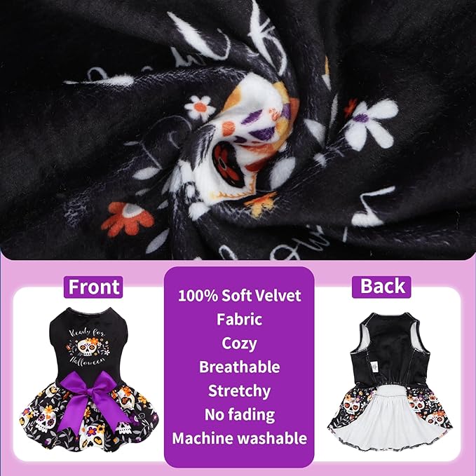 CuteBone Halloween Dog Dresses Velvet Holiday Small Dogs Clothes Onesie Pet Apparel Girl Puppy Skirt with Bow Hair Rope CVA58XS-D