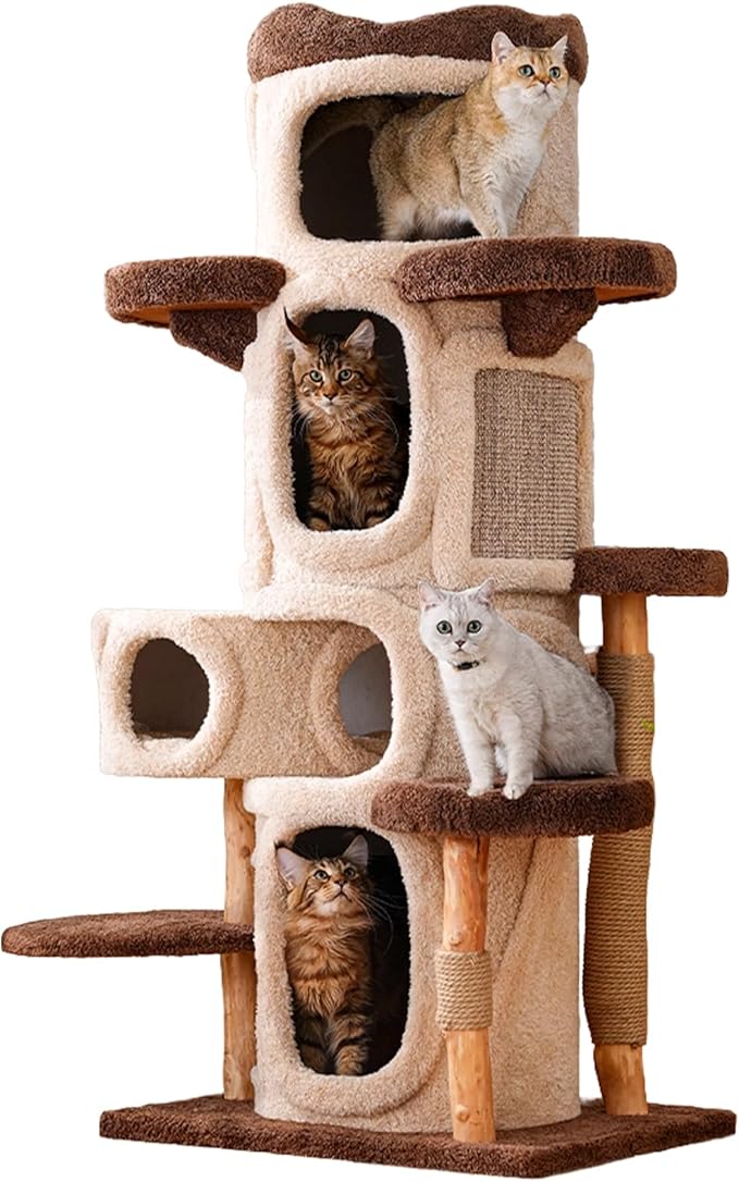 RPZ Cat Tree Tower for Large Cats, 69” Tall Heavy Duty Modern Cat Tower with Natural Wood Trunks, Multi-Level Cat Condo & Scratching Tower, Brown Cat Tree for Indoor Cats to Play and Sleep