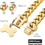 Strong Stainless Steel Gold Dog Collar,Heavy Duty Chew Proof Thick Cuban Link Chain Collar for Medium and Large Dogs(Long 20'',Width 0.75'')