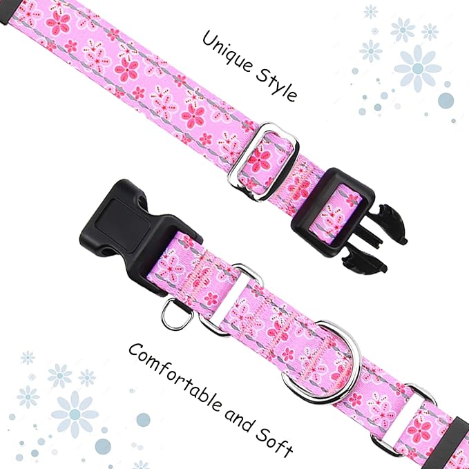 Reflective Martingale Collar for Dogs with Quick Release Buckle Cute Girl Female Flower Dog Collars (Pink Floral, XSmall)