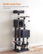 Feandrea Cat Tree, 59.5-Inch Tall Cat Tower, Plush Multi-Level Condo with 5 Scratching Posts, 2 Perches, 2 Caves, Hammock, 2 Pompoms, Smoky Gray UPCT192G01
