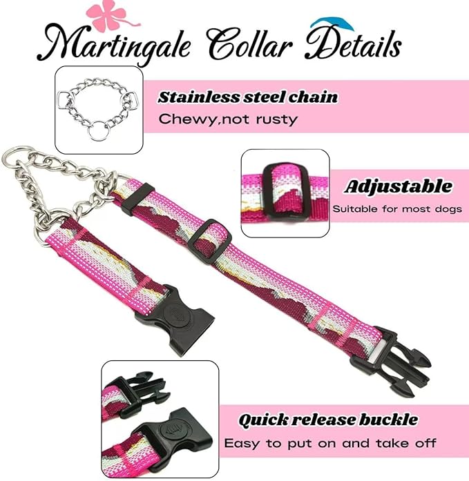 Martingale Dog Collars with Stainless Steel Chain, Reflective No Pull Walking Training Collar with Quick Release Buckle, Adjustable Slip Chain Nylon Dog Collars for Small Medium Large Dogs