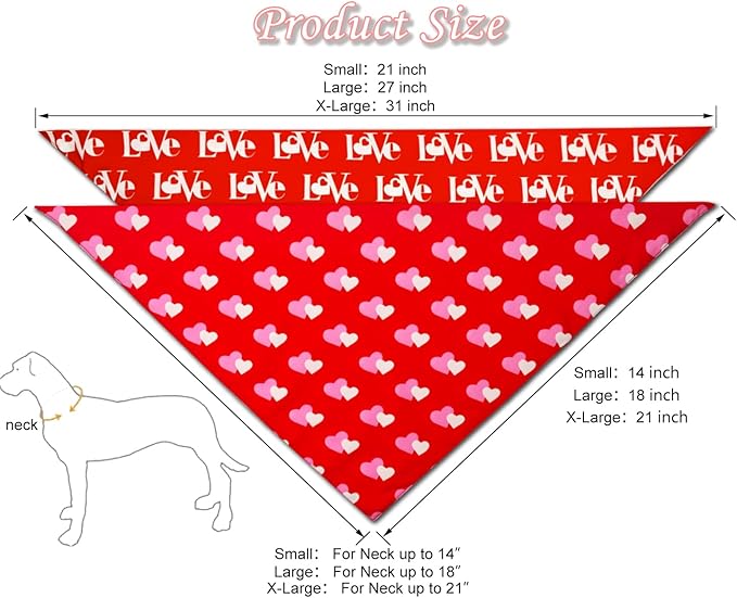 Valentines Dog Bandanas,Love Pet Scarf for Boys and Girls,Heart Bandana for Weddings,Parties,and Holidays,Dog Outfit Gifts for Medium to Large Dogs (Red, 2PCS)