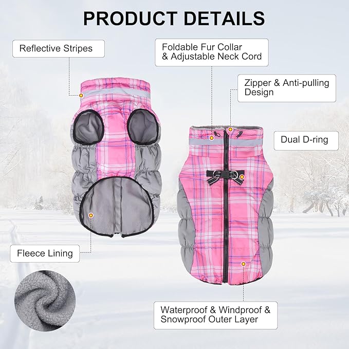 BEAUTYZOO Dog Winter Coat with Harness Built in, Reflective Plaid Puffer Vest Waterproof for X-Small Dogs, Fleece Warm Puppy Zipped Jacket with D Ring, Pet Cold Weather Sweater Clothes, Pink XS