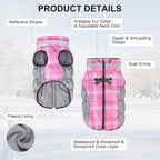 BEAUTYZOO Dog Winter Coat with Harness Built in, Reflective Plaid Puffer Vest Waterproof for Large Dogs, Fleece Warm Puppy Zipped Jacket with D Ring, Pet Cold Weather Sweater Clothes, Pink L