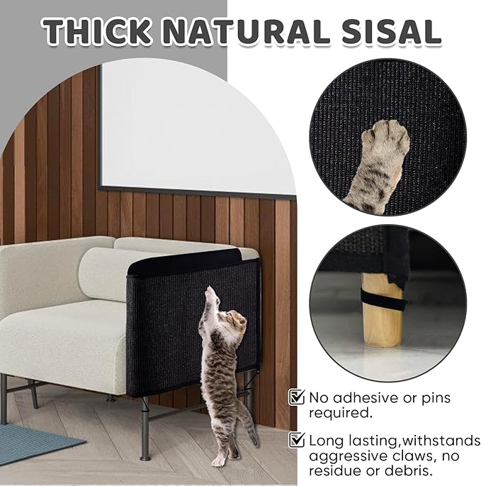 NATUYA Cat Scratch Furniture Couch Protector - Large Sisal Cat Scratching Pad Sofa Corner Arm Shield, Cat Scratcher for Sofa (Black, Right)