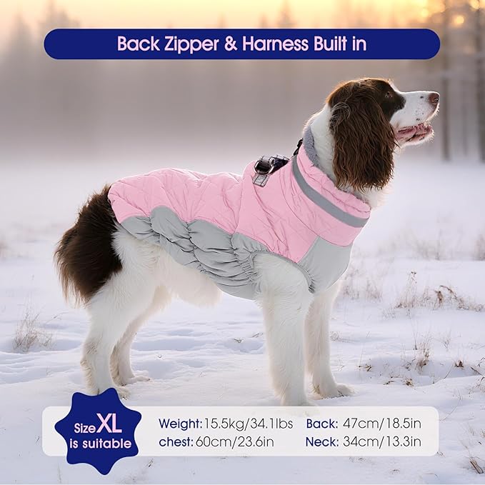 FUAMEY Dog Coat for Large Dogs,Waterproof Dog Winter Jacket with Harness Built in Puppy Cold Weather Coats Reflective Pet Vest with Zipper Warm Fleece Dogs Snowsuit Windproof Pink L