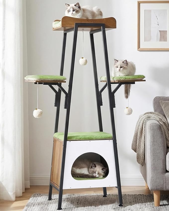 46-Inch Modern Cat Tree Tower for Large Cats, Multi-Level Cat Tower with Playful Toy Balls, Large Perch, Cat Condo, Removable Pads, Green