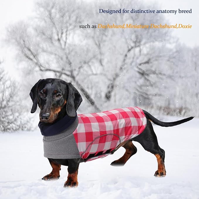 Dog Winter Coat,Dachshund Clothes,Waterproof Miniature Dachshund Jacket,Small Dogs Coat with Harness Hole,Dachshund Jumper with Turtle Neck,Pet Dog Clothes British Style-Pink Plaid-XS