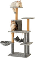 Multi-Level Cat Tree Tower, 132cm Tall, Grey Plush with Condo, Hammock, Platforms, Sisal Posts, 55x38cm Base