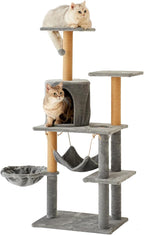 Multi-Level Cat Tree Tower, 132cm Tall, Grey Plush with Condo, Hammock, Platforms, Sisal Posts, 55x38cm Base