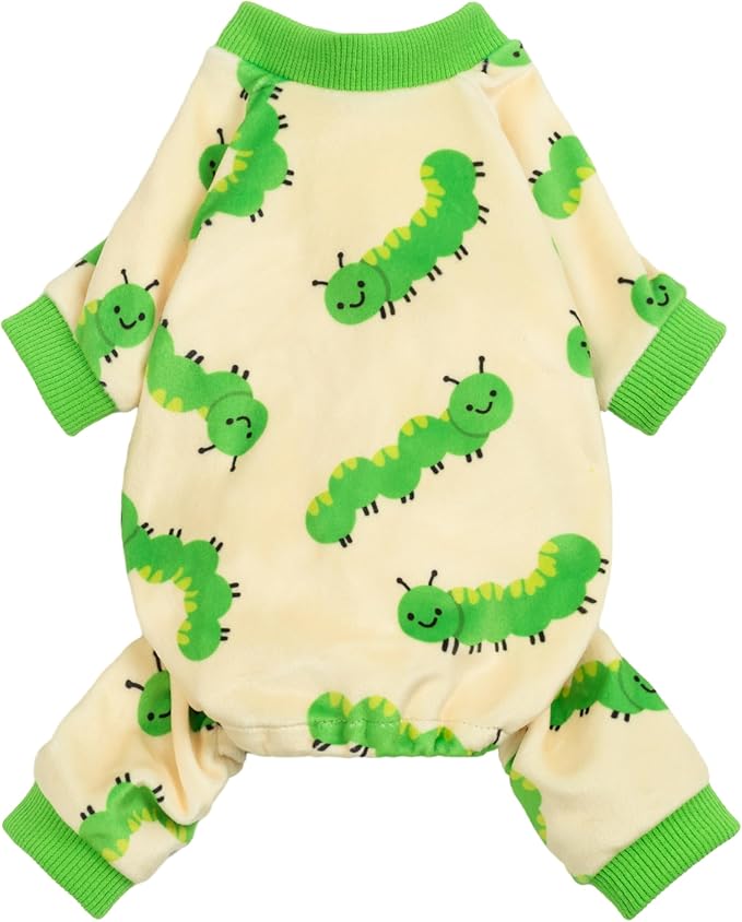 Fitwarm Caterpillar Dog Fleece Pajamas, Cozy Clothes for Small Dogs Boy Girl, Funny Pet Onesie, Beige, Green, Small