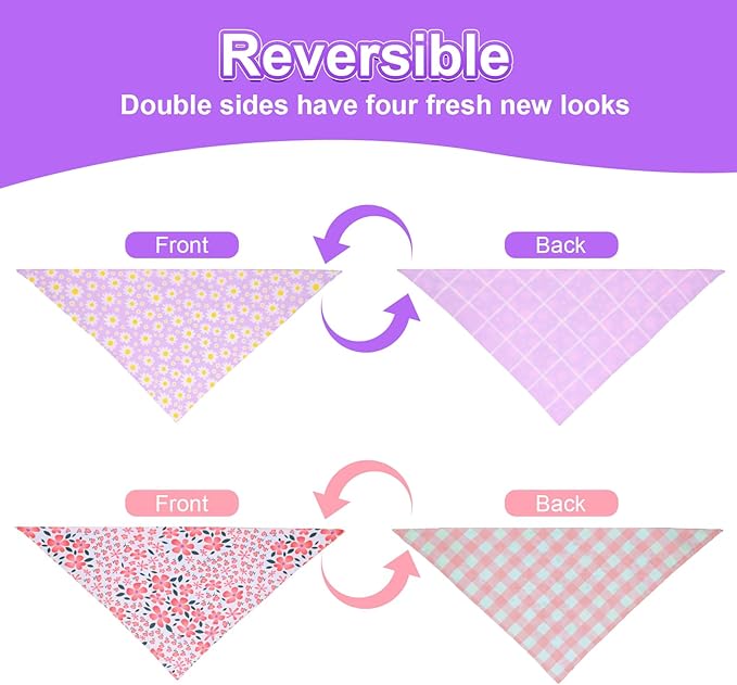 Spring Dog Bandanas Girl Large 2PCS, Purple Pink Daisy Summer Scarf, Durable Triangle Reversible Spring Bibs Handkerchief for Puppy Pet