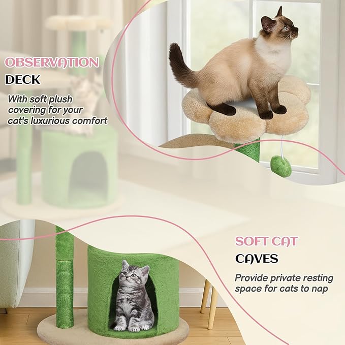 VINGLI Cat Tree for Indoor Cats, 32 inch Small Cat Tower, Cactus Cat Tree Scratching Posts with Jump Platform (Green & Beige)