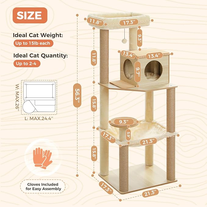 Wooden Cat Tree, 56.3-Inch Modern Cat Tower for Indoor Cats Large Adult, Multi-Level Cat Condo with Large Hammock, Scratching Posts, Washable Removable Cushion & Non-Slip Jump Platforms, Beige