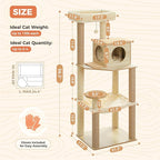 Wooden Cat Tree, 56.3-Inch Modern Cat Tower for Indoor Cats Large Adult, Multi-Level Cat Condo with Large Hammock, Scratching Posts, Washable Removable Cushion & Non-Slip Jump Platforms, Beige