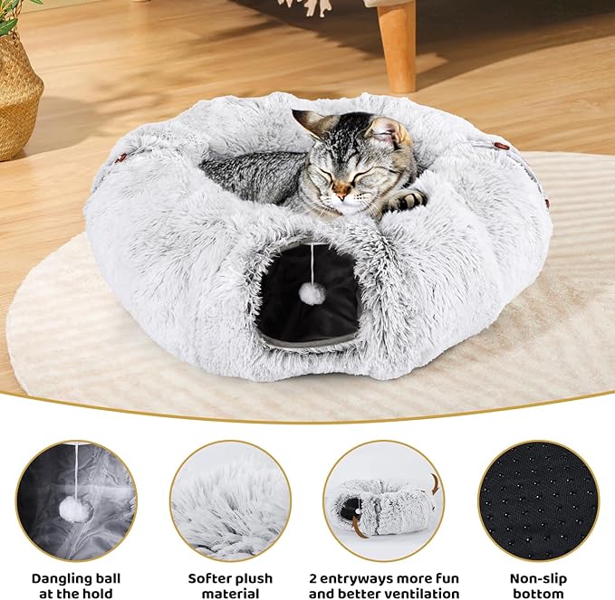 Cat Tunnel Bed with 20 Pcs Interactive Toys, 3-in-1 DIY Collapsible Plush Cat Tube with Washable Mat, Large Indoor Play Tunnel Cave for Kittens and Small Animals