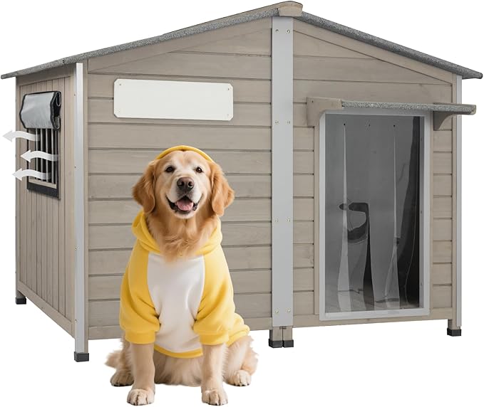 55''L Extra Large Dog House Outdoor Weatherproof, Wooden XL Dog Houses Kennel Breed with Waterproof Roof, Chew-Proof Iron Frame, Doghouse Pet Shelter Fits Small to Large Dogs